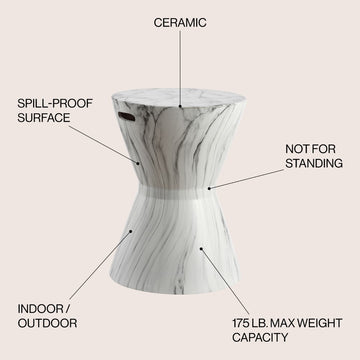 African Drum 17.3" White Marble Finish Ceramic Garden Stool - JONATHAN Y